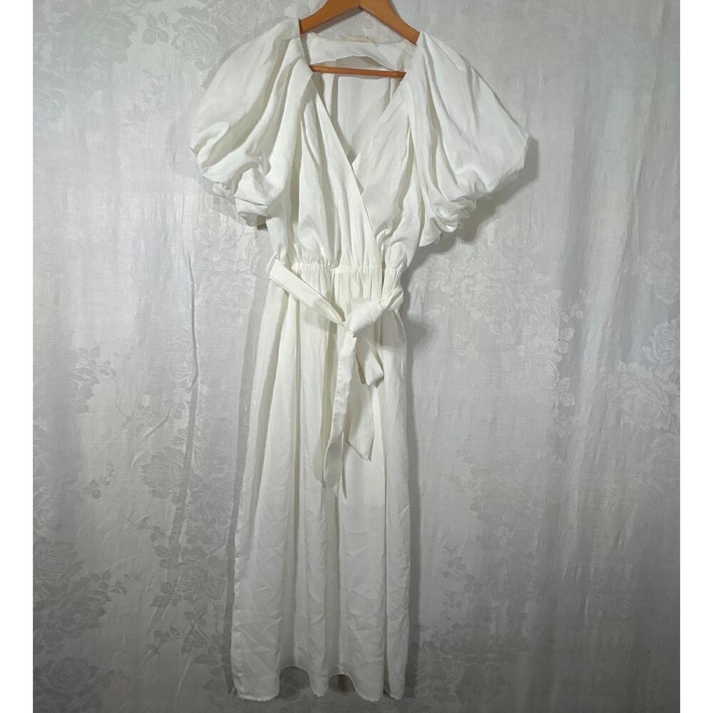 Entro Midi Dress Large White Puff Sleeve Belted Pleated